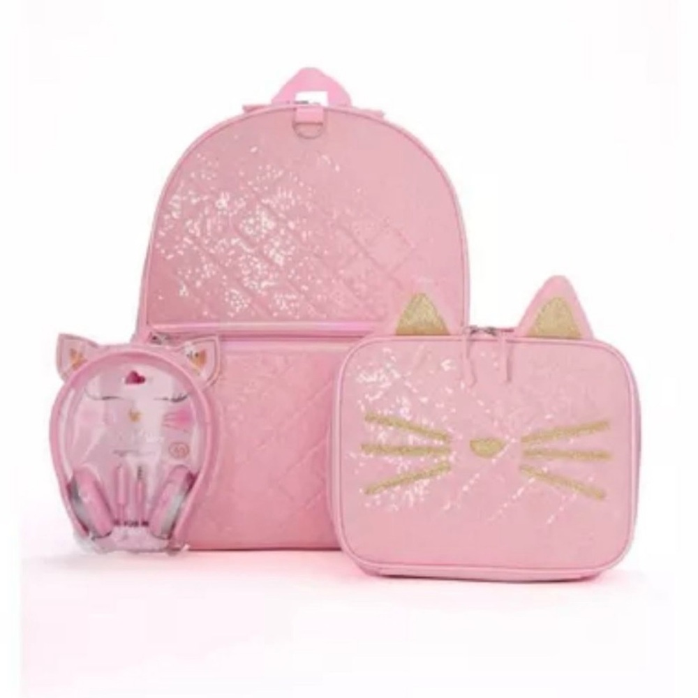 NWT Locker Club Kids Pink Cat Backpack Set 4pc Lunch Box Pencil Case Headphones